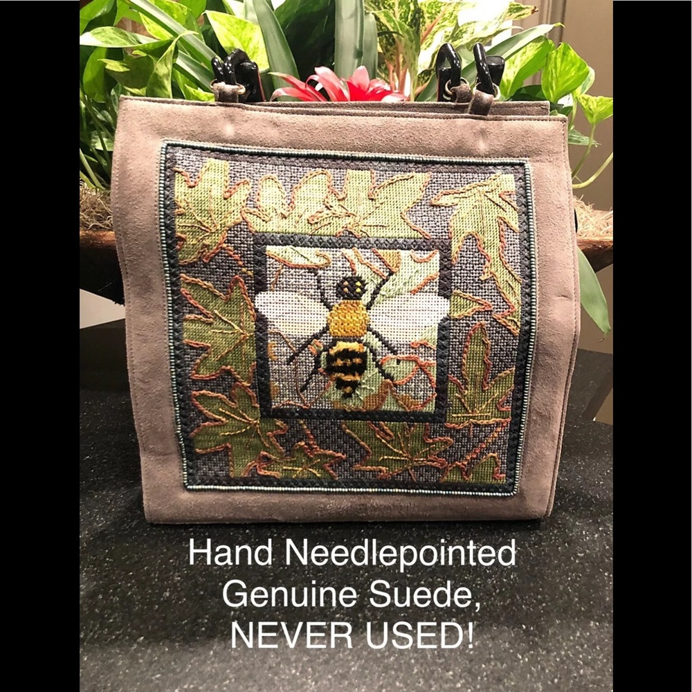 Bee Needlepoint Tote in Gray Suede Black Acrylic Handles NEW, Hand Made, Zip Top